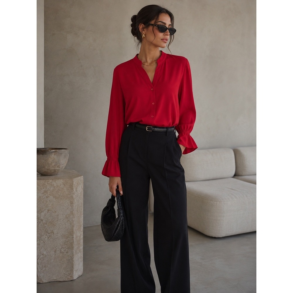 Eileen Fisher Red Organic Silk Mandarin Collar Ruffle Cuff Blouse Large